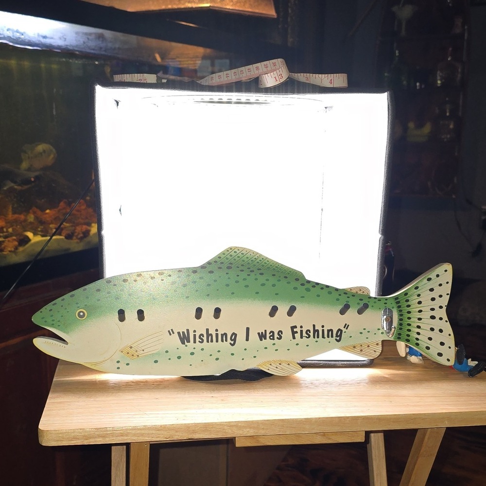 Fish Shaped Wood Metal Key Rack Wall Mounted 'Wishing I Was Fishing' Decor